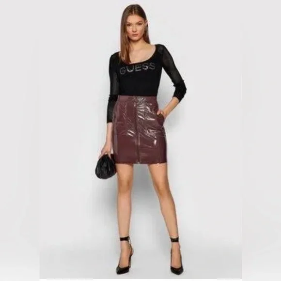 GUESS Women's Tawana Faux Leather Mini Skirt - High-Rise, Front Zip, 17" Length